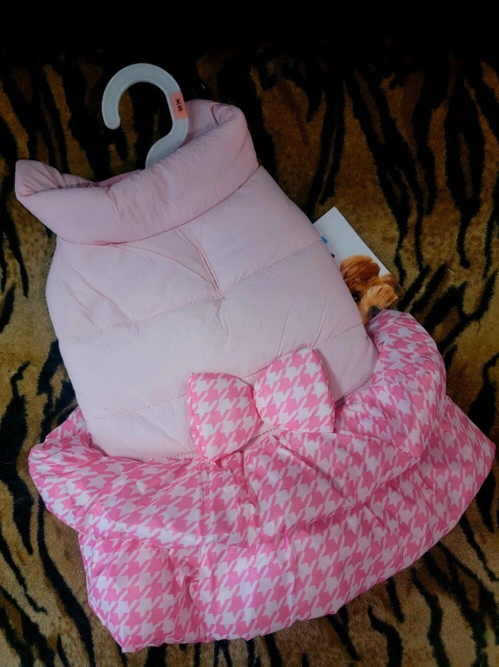 Pet Coat Puffer Dog Or Cat Pink Houndstooth W Bow Winter Wear Xs Or Sm Ea.